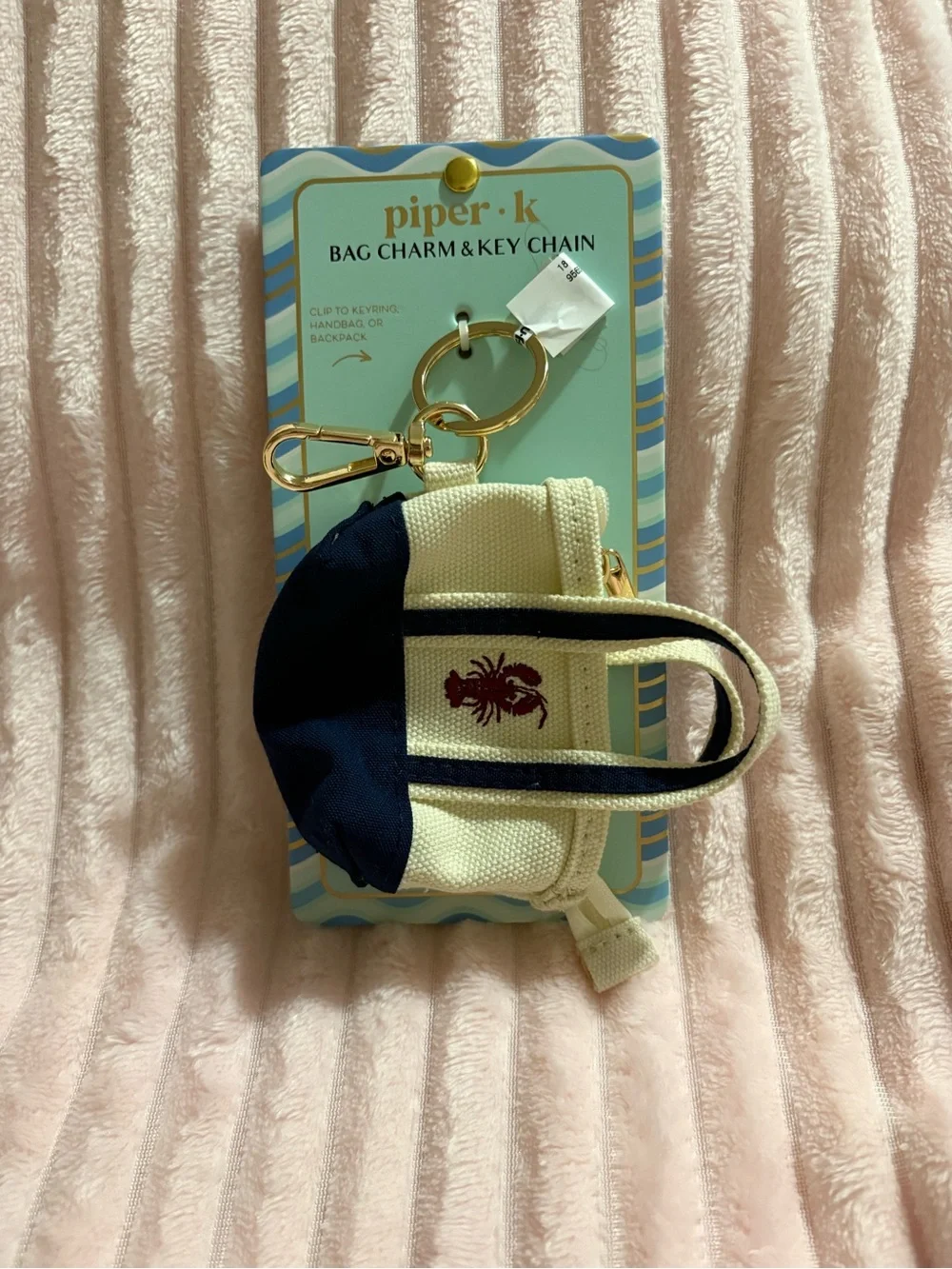 Cream and Navy Mini Tote Bag Keychain with Red Embroidered Lobster Accent NWT - Picture 3 of 3